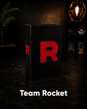 Team Rocket Pokebook 3D printed collectible card book in black with a bold red R on a dark display setup.