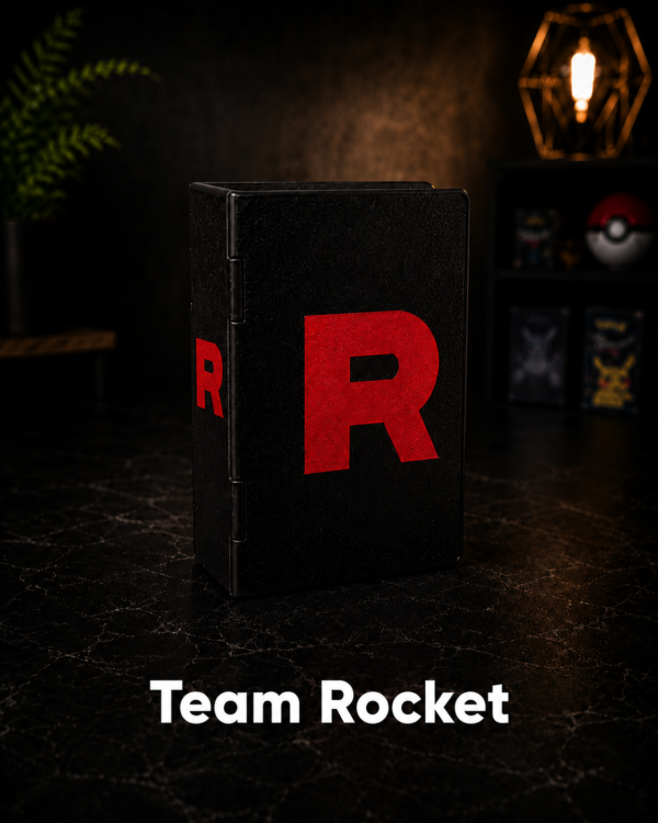Team Rocket Pokebook 3D printed collectible card book in black with a bold red R on a dark display setup.