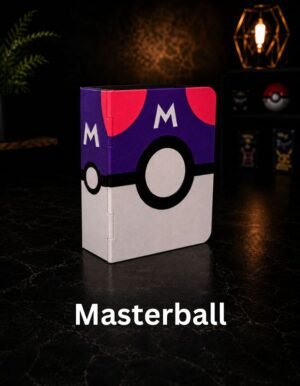 Master Ball Pokebook 3D printed collectible card book in purple, pink, black, and white on a dark display setup.