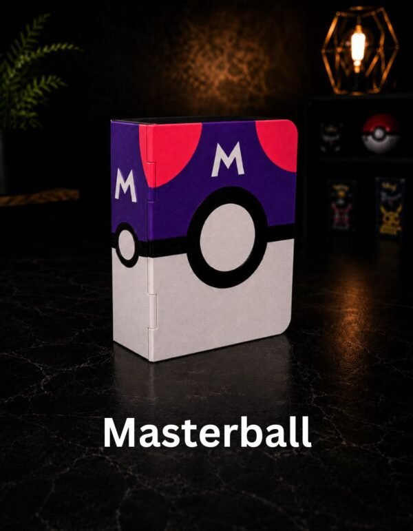 Master Ball Pokebook 3D printed collectible card book in purple, pink, black, and white on a dark display setup.