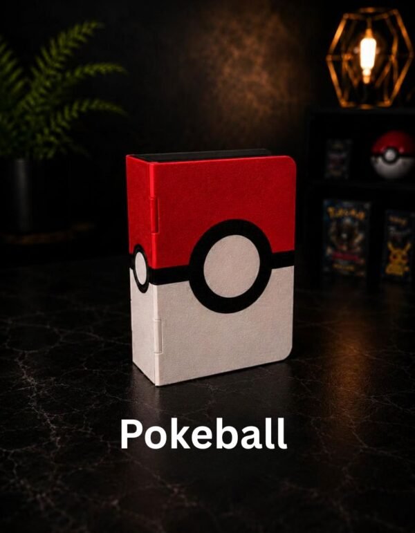 Pokeball Pokebook 3D printed collectible card book in red, white, and black on a dark display setup. pokeball, pokemon.